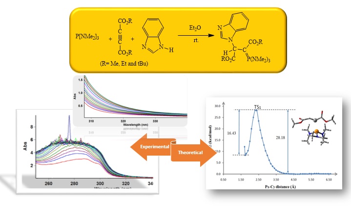 Experimental and Theoretical Study on the Mechanism and Kinetics of the Reaction between Hexamethyl Phosphorous Triamide and Dialkyl Acetylenedicarboxylates in the Presence of Benzimidazole 